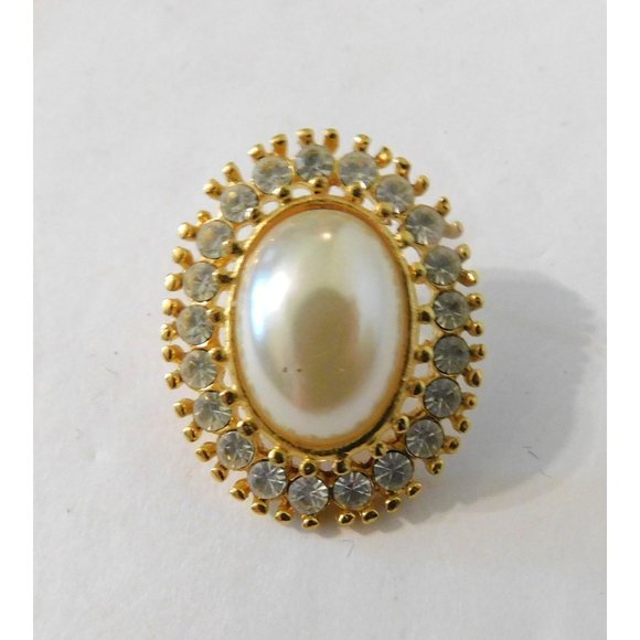 Vintage 1980s Fashion Pierced Earrings Large Oval Faux Pearl Crystals Goldtone - Picture 3 of 7